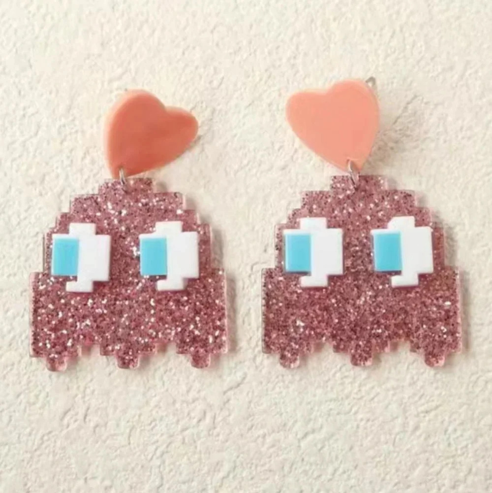 Glittery Pink Ghost Dangle Earrings (Pacman Style)